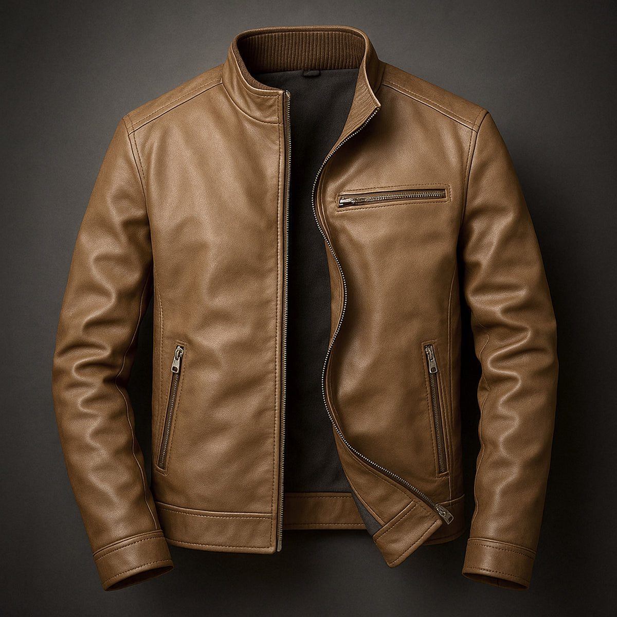 Leather Jacket with Relaxed Fit and Pockets - Image 2