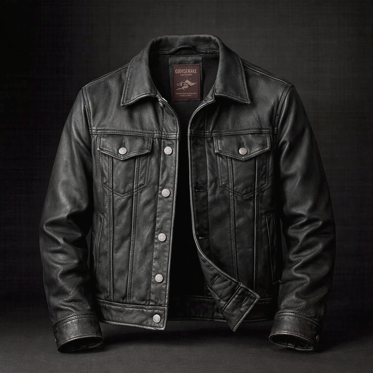 Leather Jacket with Relaxed Fit and Pockets - Image 3