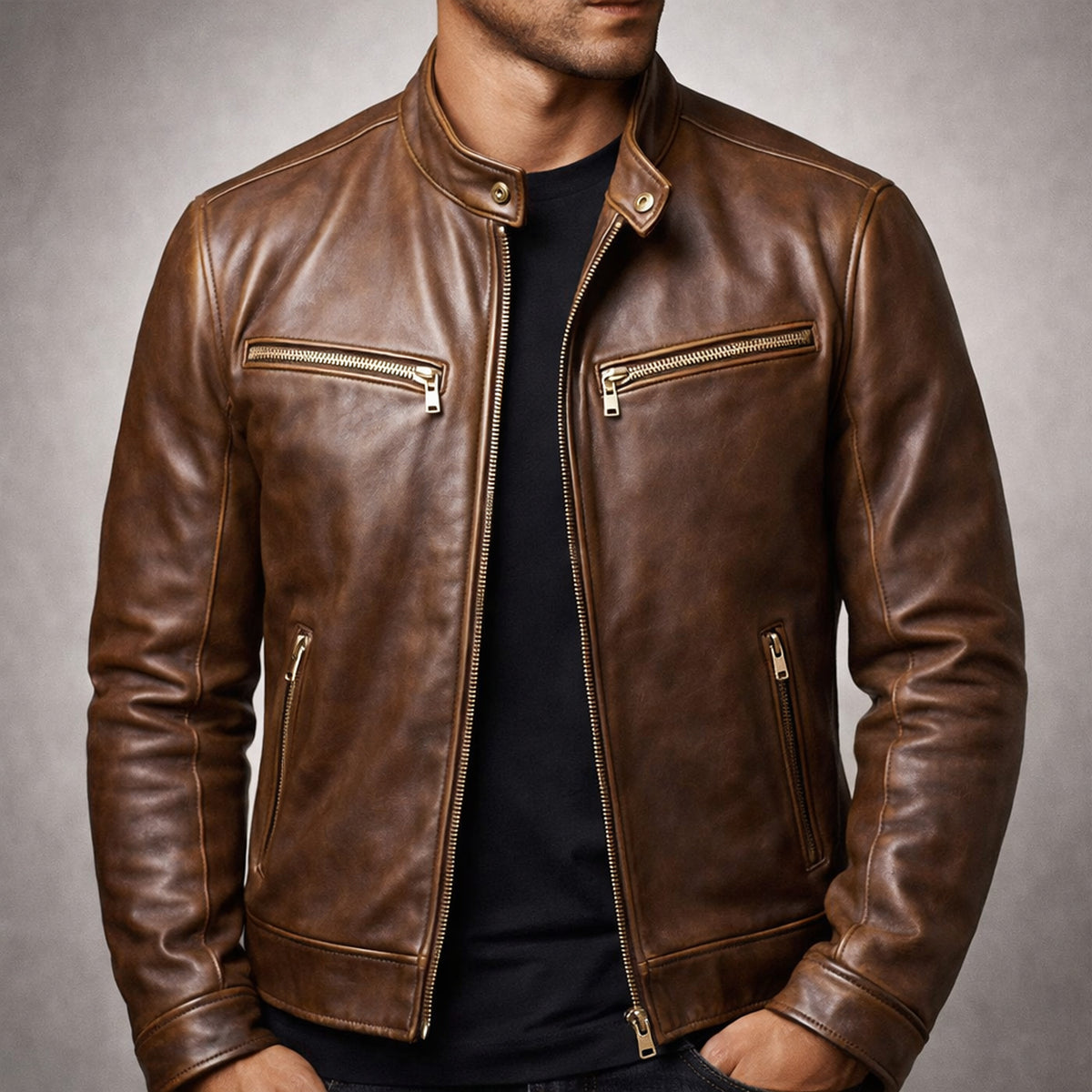 Leather Jacket with Relaxed Fit and Pockets - Image 4