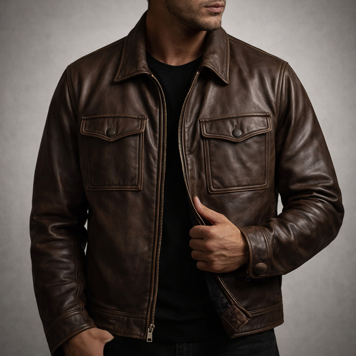 Leather Jacket with Relaxed Fit and Zip-Front - Image 4