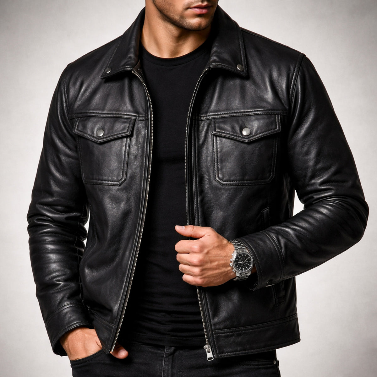 Leather Jacket with Relaxed Fit and Zip-Front - Image 5