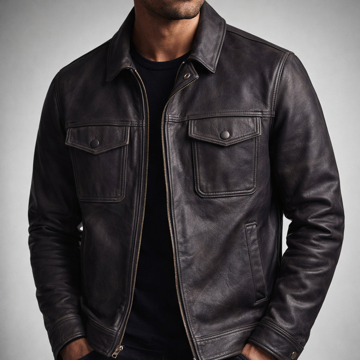 Leather Jacket with Relaxed Fit and Zip-Front - Image 6