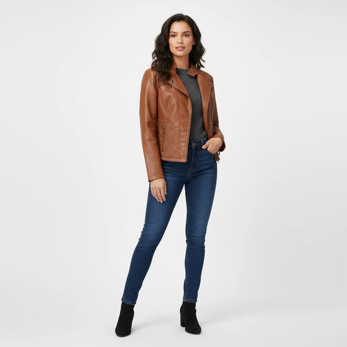 Leather Jacket with Relaxed Moto Fit and Zippered Pockets - Image 3