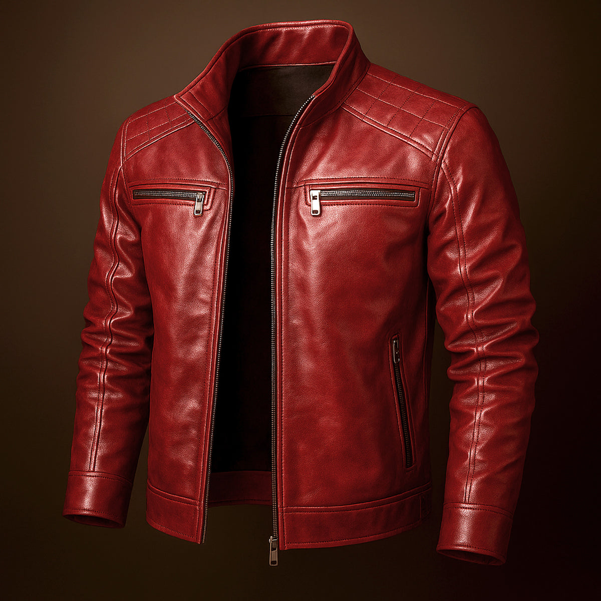Leather Jacket with Streamlined Grain Design and Pockets - Image 2