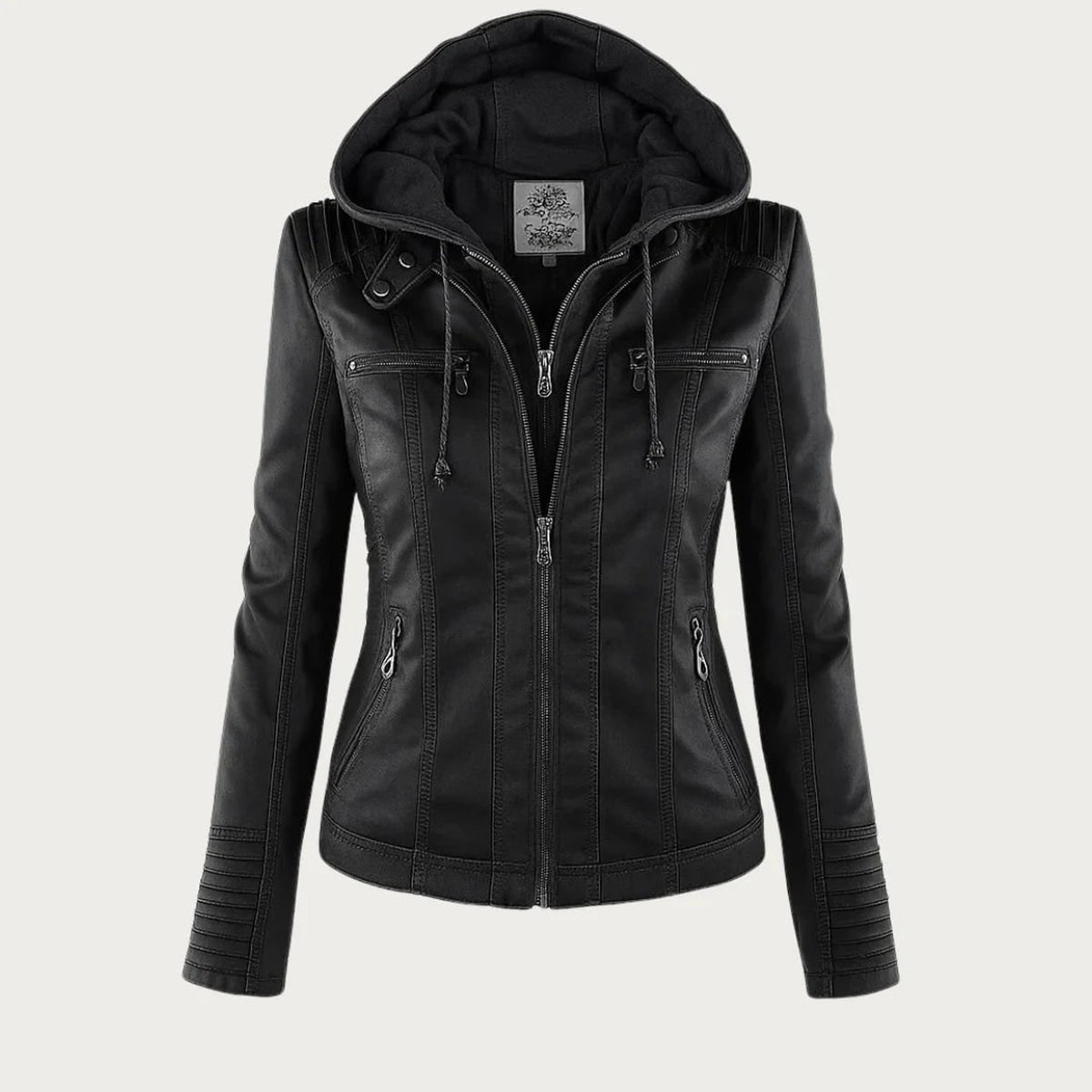 Leather Jacket with Streamlined Hooded Fit and Pockets - Image 2