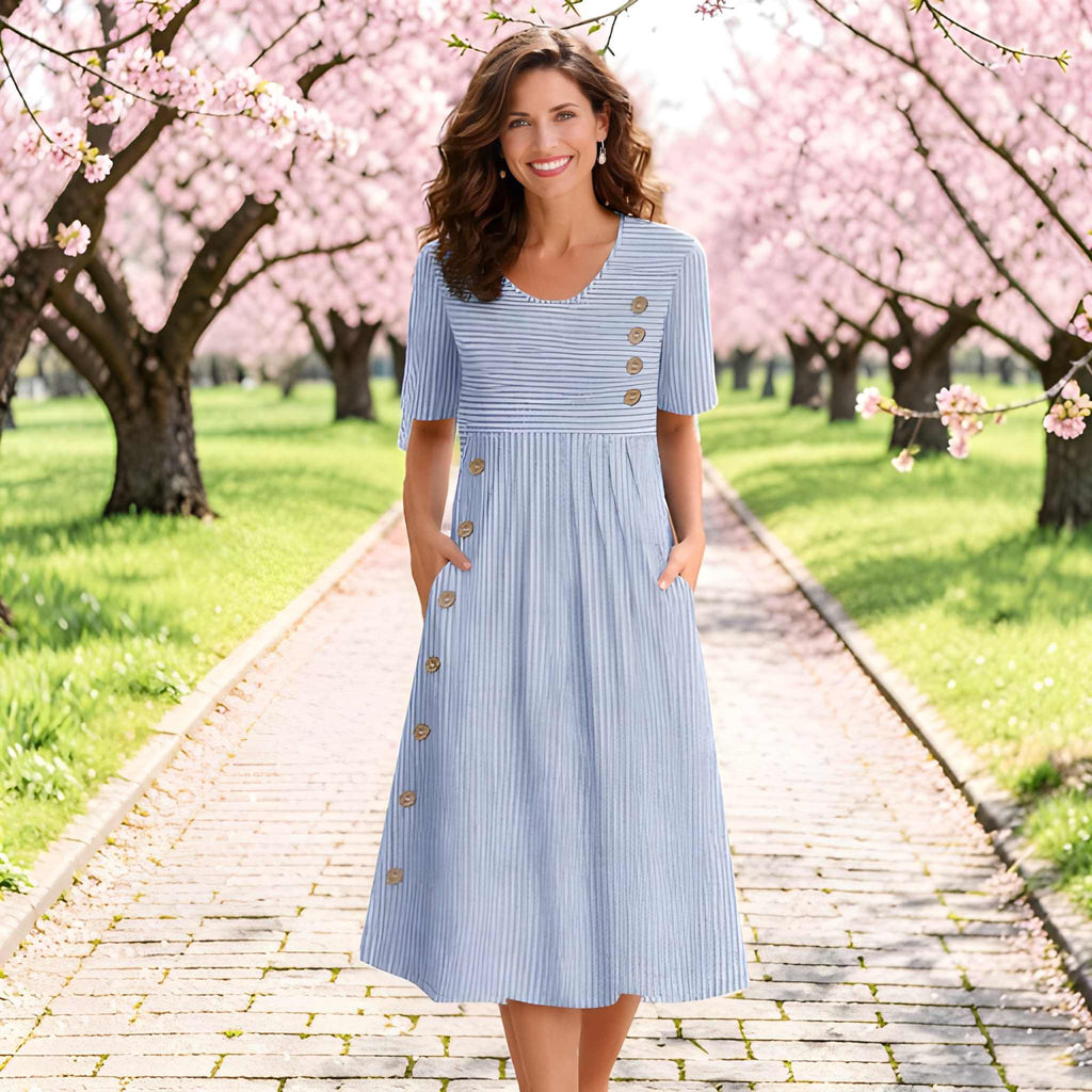 NOVA | Striped Midi Dress – Button Detail & Pockets