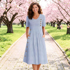 NOVA | Striped Midi Dress – Button Detail & Pockets