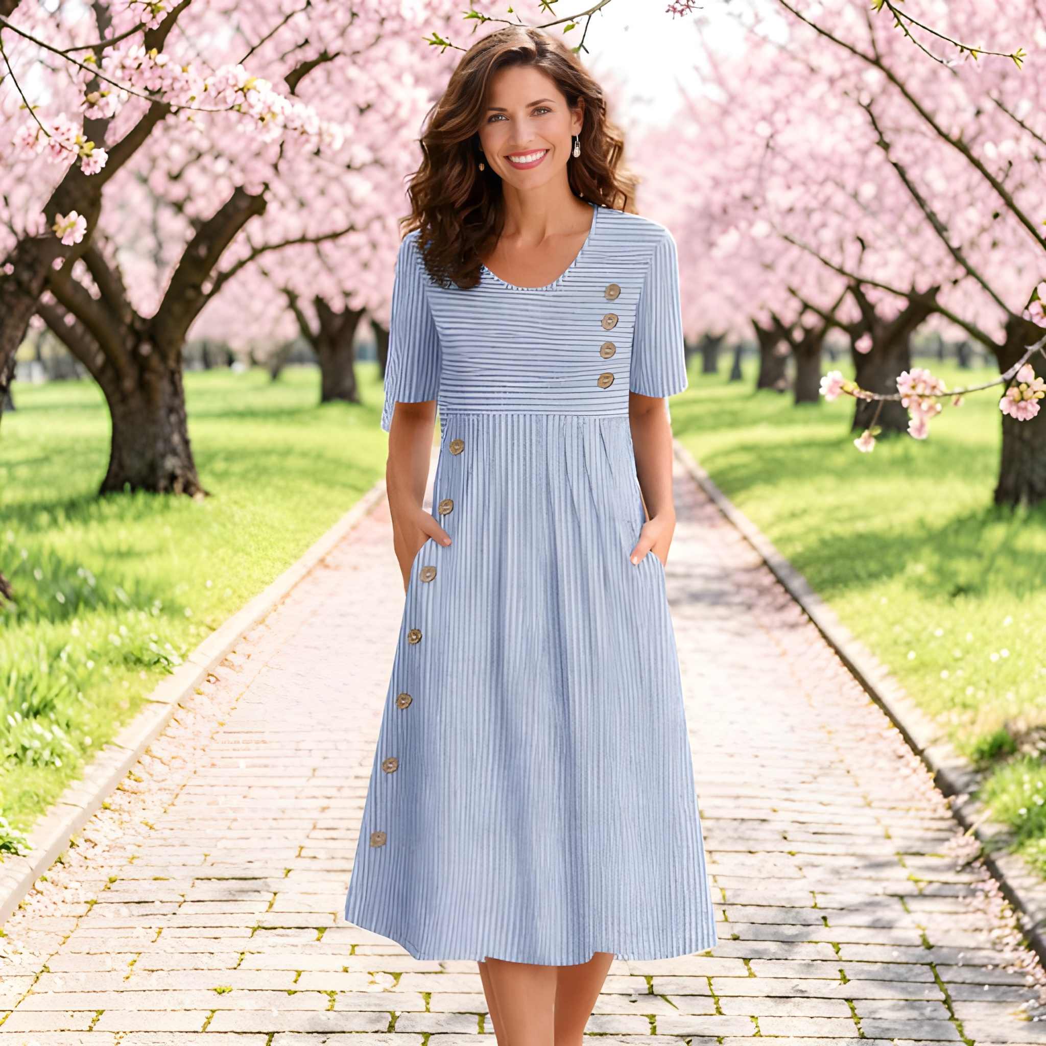 NOVA | Striped Midi Dress – Button Detail & Pockets