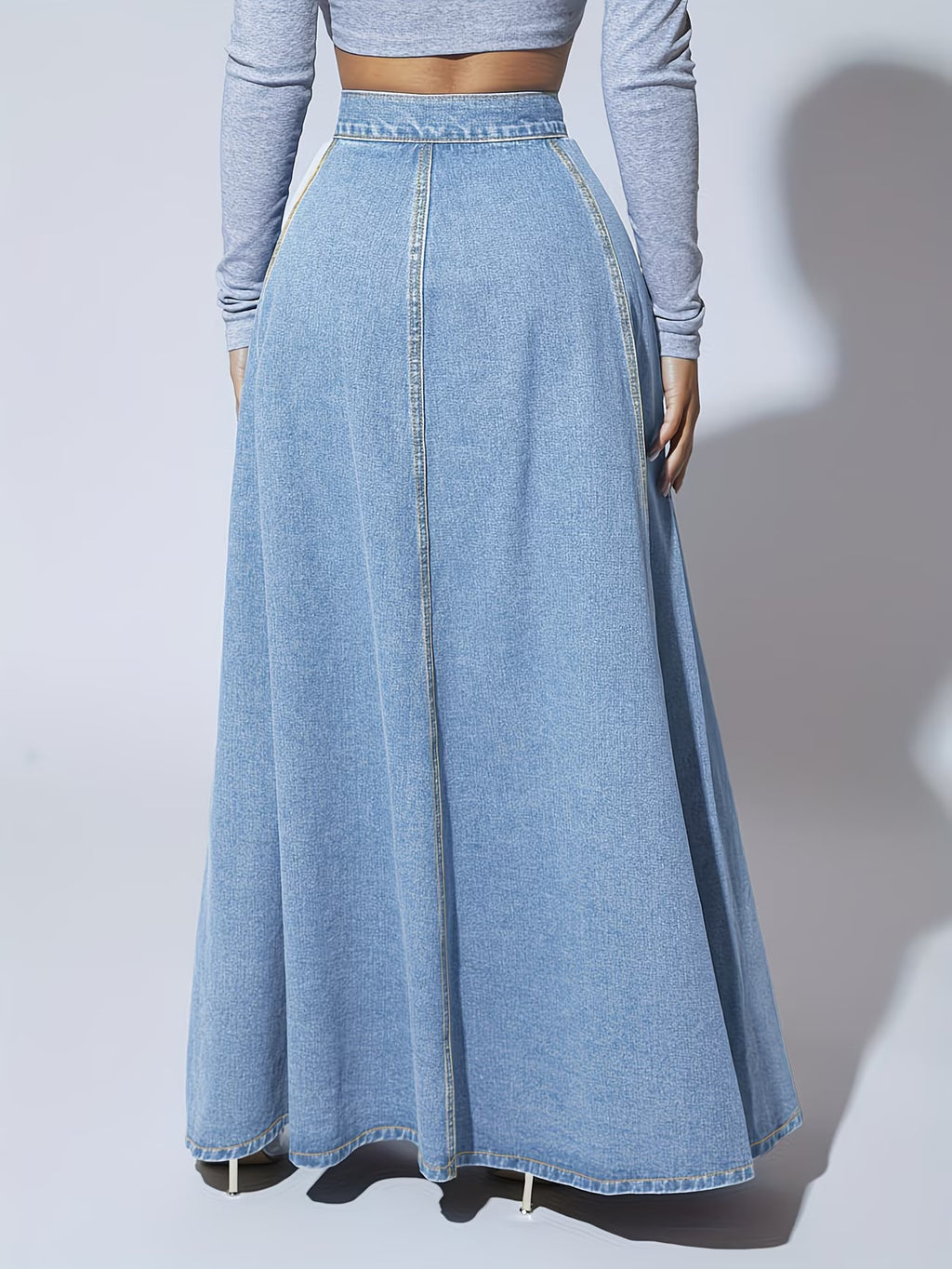 NOVA | Women’s High Waisted Denim Maxi Skirt – A-Line Long Jean Skirt with Button Front