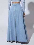 NOVA | Women’s High Waisted Denim Maxi Skirt – A-Line Long Jean Skirt with Button Front