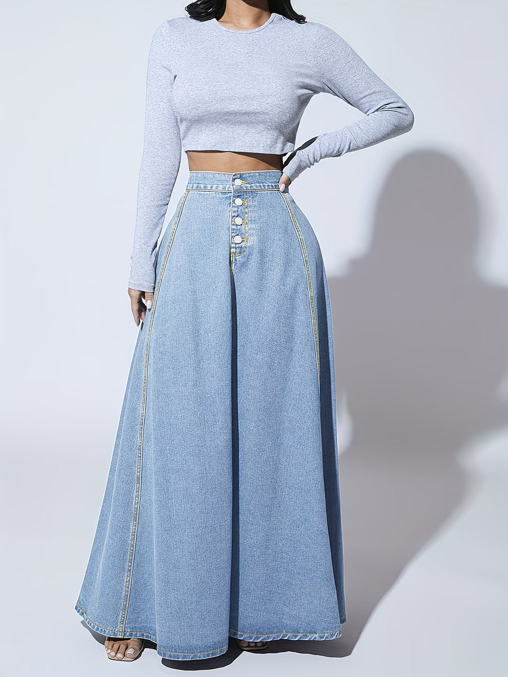 NOVA | Women’s High Waisted Denim Maxi Skirt – A-Line Long Jean Skirt with Button Front