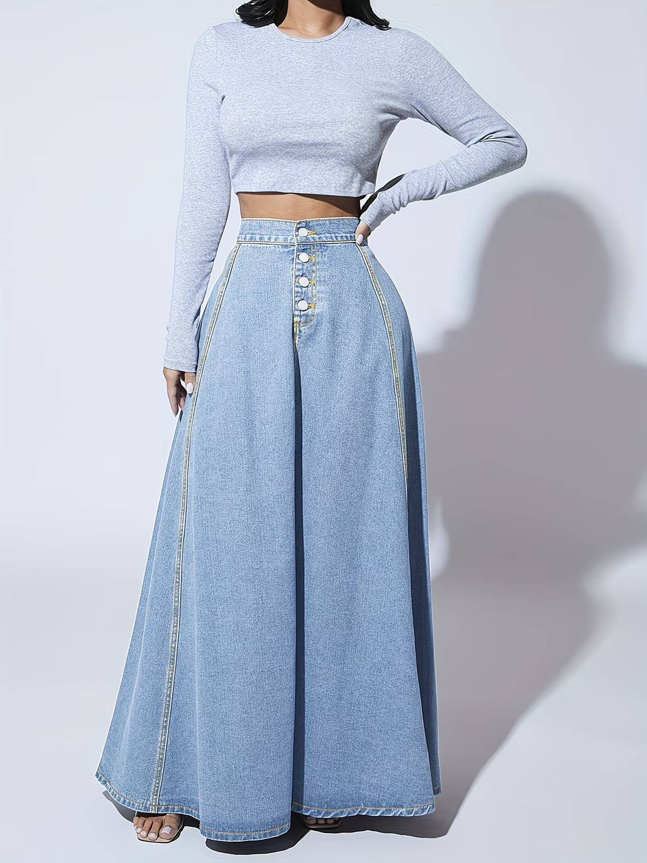 NOVA | Women’s High Waisted Denim Maxi Skirt – A-Line Long Jean Skirt with Button Front