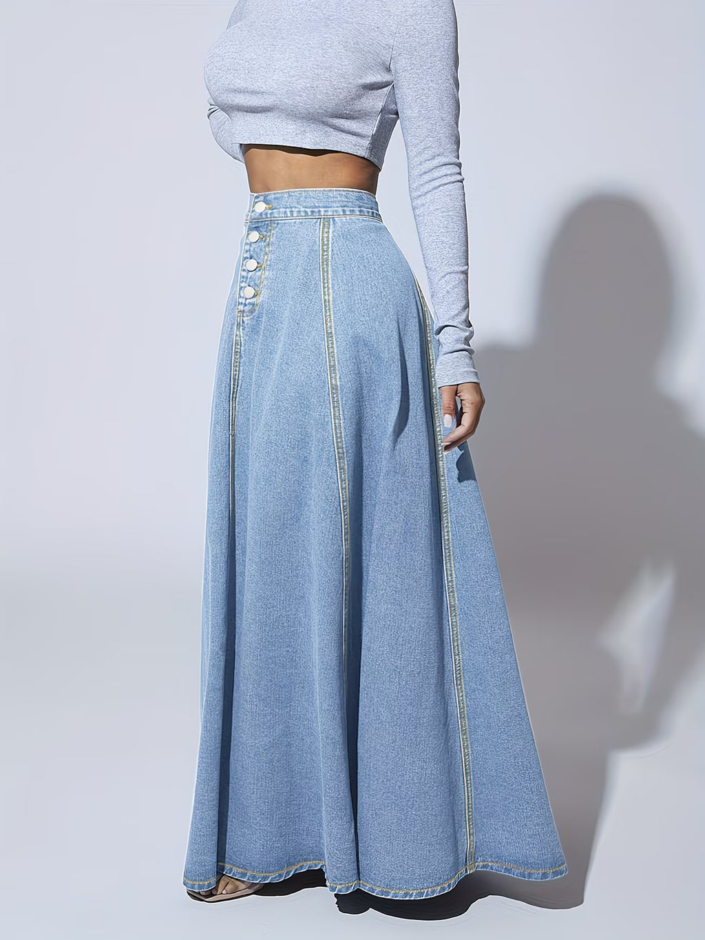 NOVA | Women’s High Waisted Denim Maxi Skirt – A-Line Long Jean Skirt with Button Front