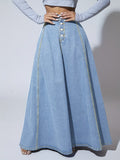 NOVA | Women’s High Waisted Denim Maxi Skirt – A-Line Long Jean Skirt with Button Front