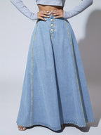 NOVA | Women’s High Waisted Denim Maxi Skirt – A-Line Long Jean Skirt with Button Front