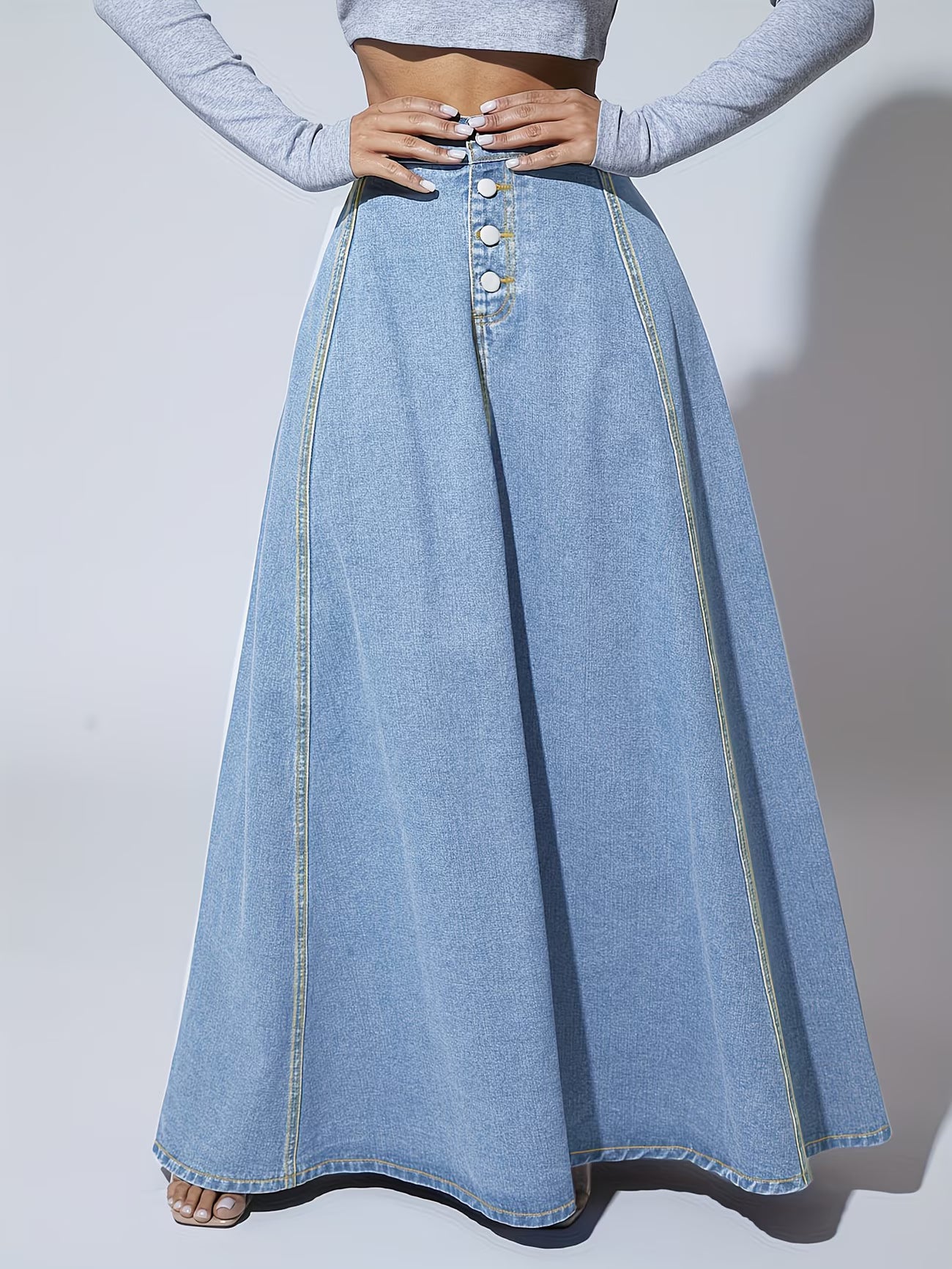 NOVA | Women’s High Waisted Denim Maxi Skirt – A-Line Long Jean Skirt with Button Front