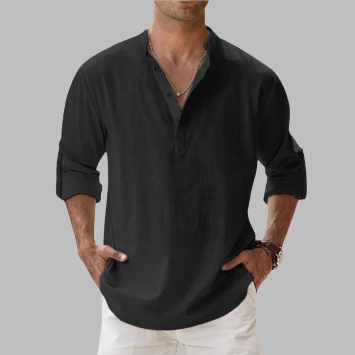 Linen Shirt with Relaxed Tailored Fit and Collar - Image 2