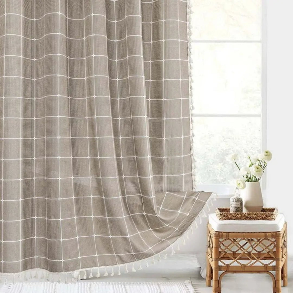 Linen Shower Curtain With Tassel Hem And Checkered Pattern - Image 1