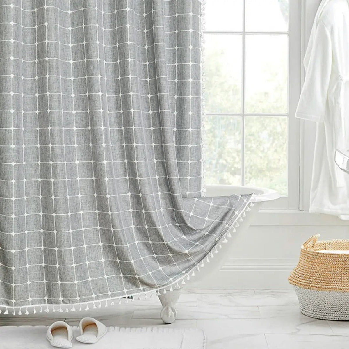 Linen Shower Curtain With Tassel Hem And Checkered Pattern - Image 2