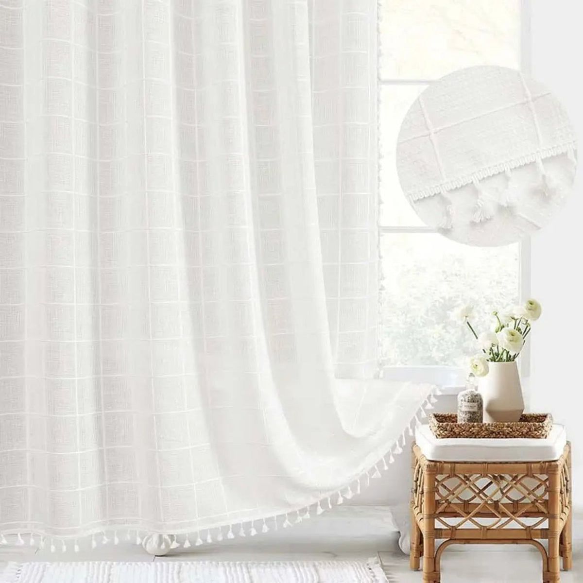 Linen Shower Curtain With Tassel Hem And Checkered Pattern - Image 4