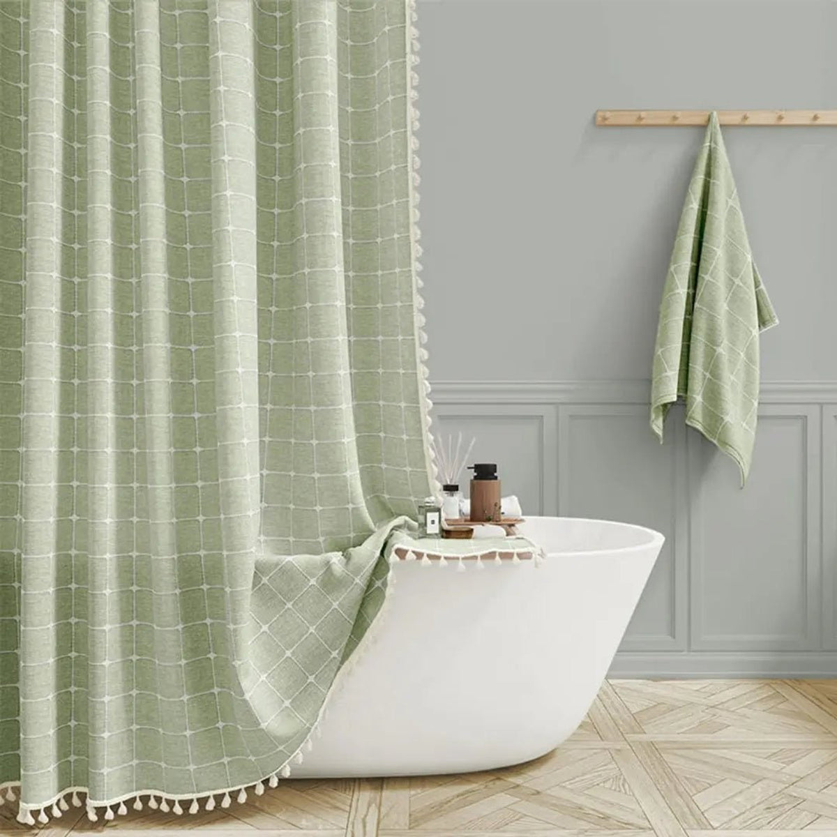 Linen Shower Curtain With Tassel Hem And Checkered Pattern - Image 5