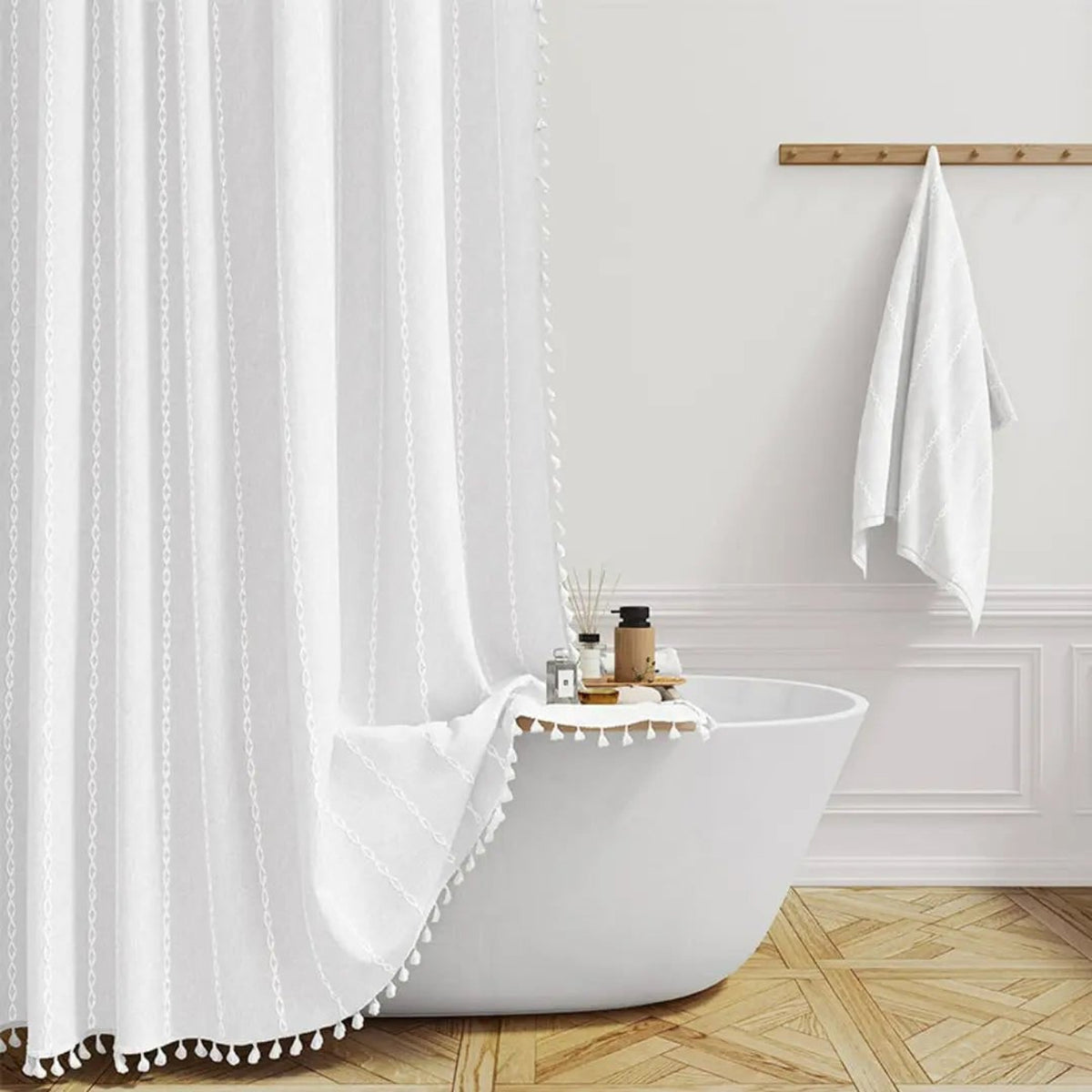 Linen Shower Curtain With Tassel Hem And Checkered Pattern - Image 6