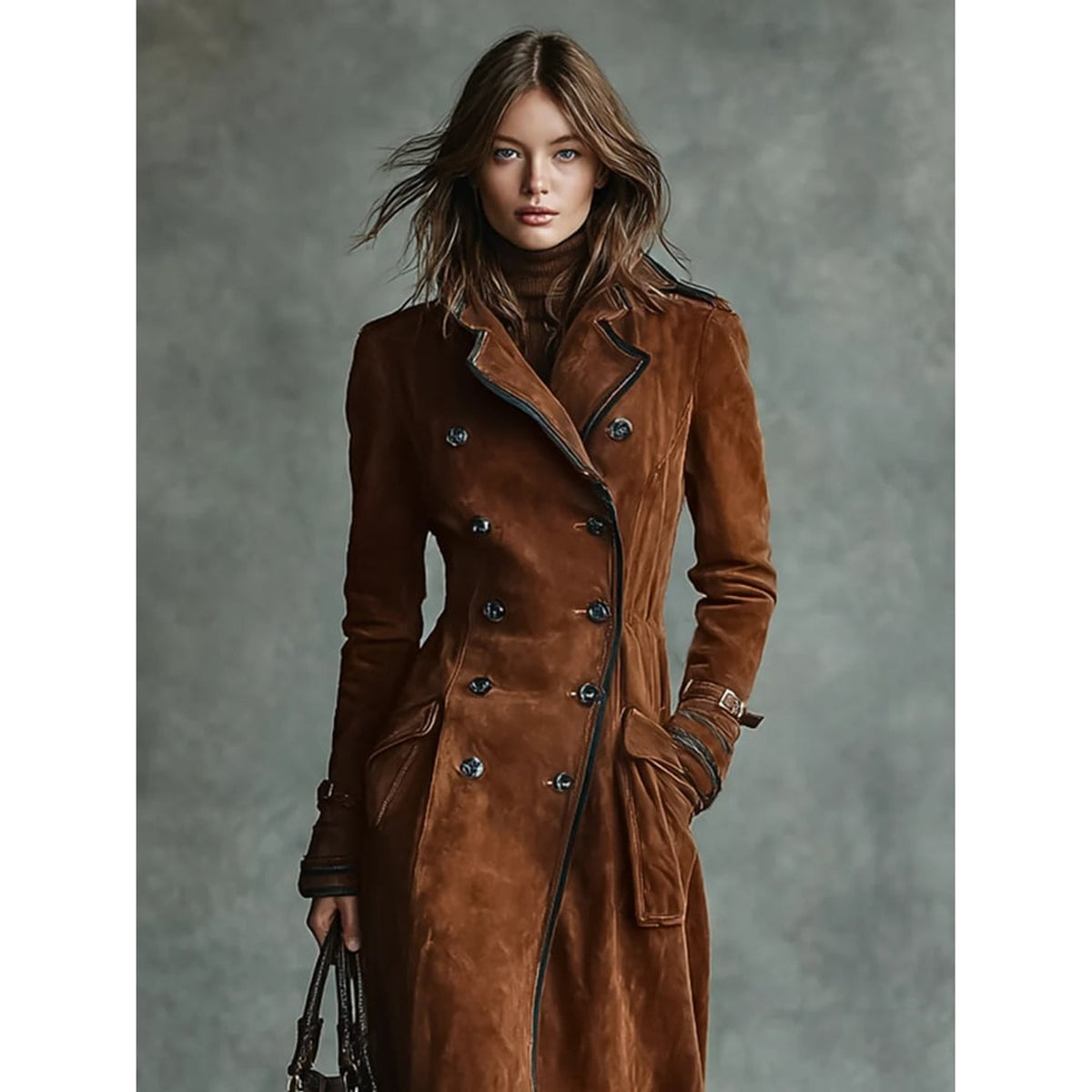 Long Coat with Flattering Suede Trench and Lapel Collar - Image 4
