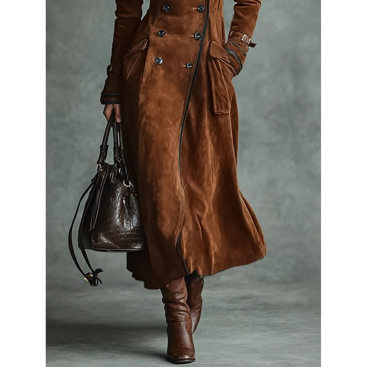 Long Coat with Flattering Suede Trench and Lapel Collar - Image 5