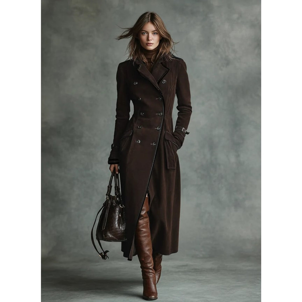 Long Coat with Flattering Suede Trench and Lapel Collar - Image 7