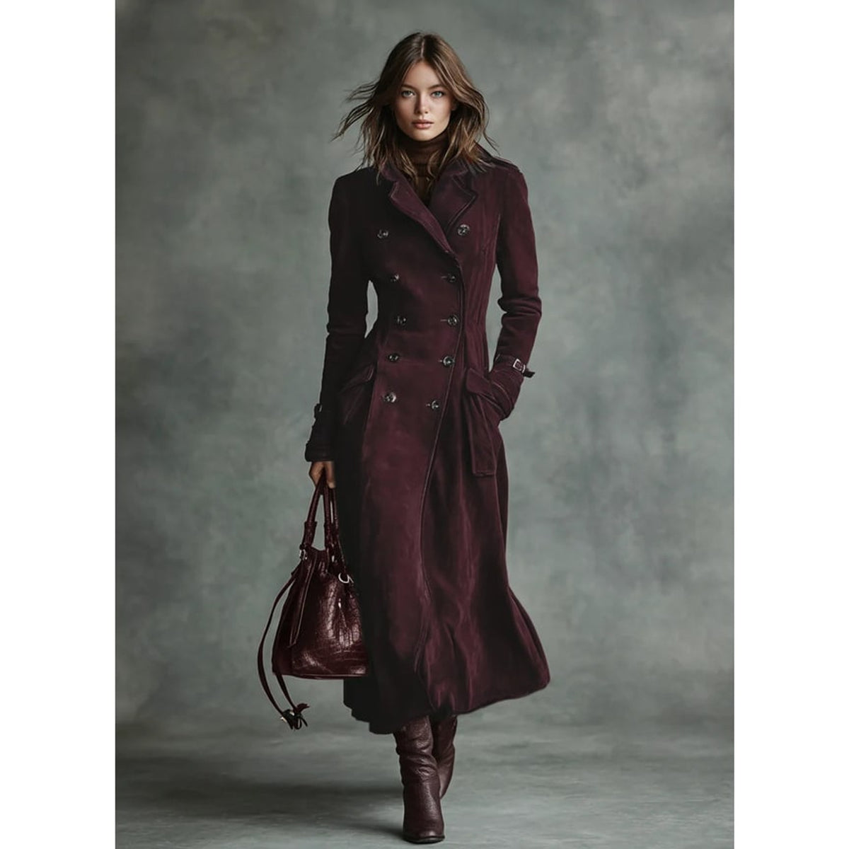 Long Coat with Flattering Suede Trench and Lapel Collar - Image 8