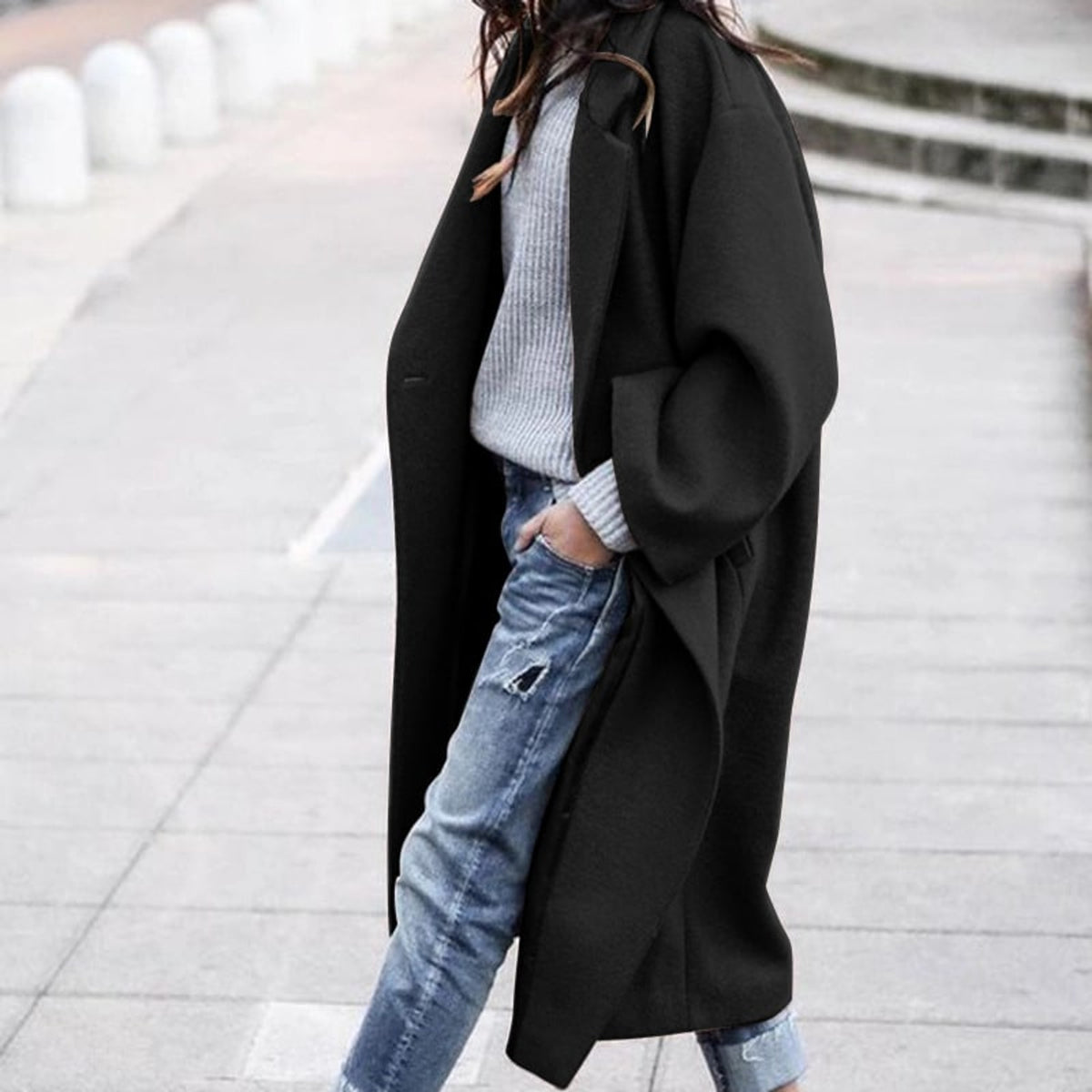 Long Coat with Single-Breasted Woolen Design and Lapel - Image 1