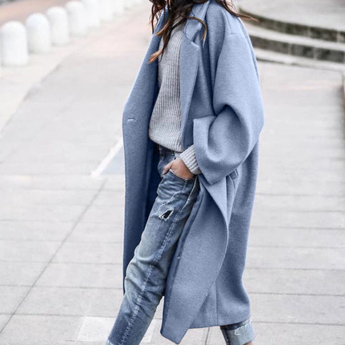 Long Coat with Single-Breasted Woolen Design and Lapel - Image 2