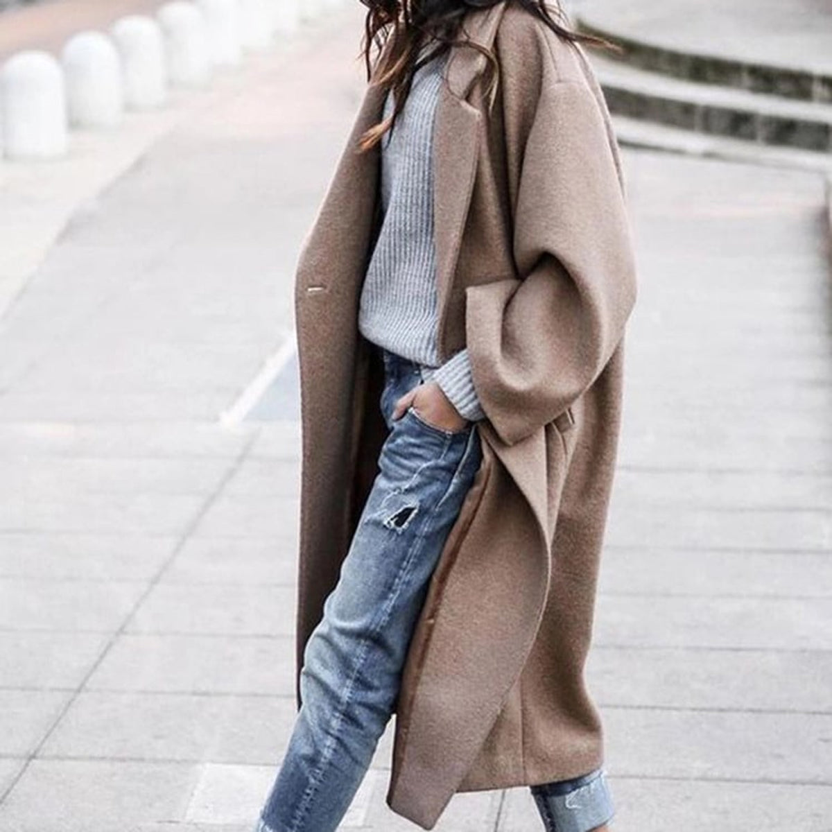 Long Coat with Single-Breasted Woolen Design and Lapel - Image 4