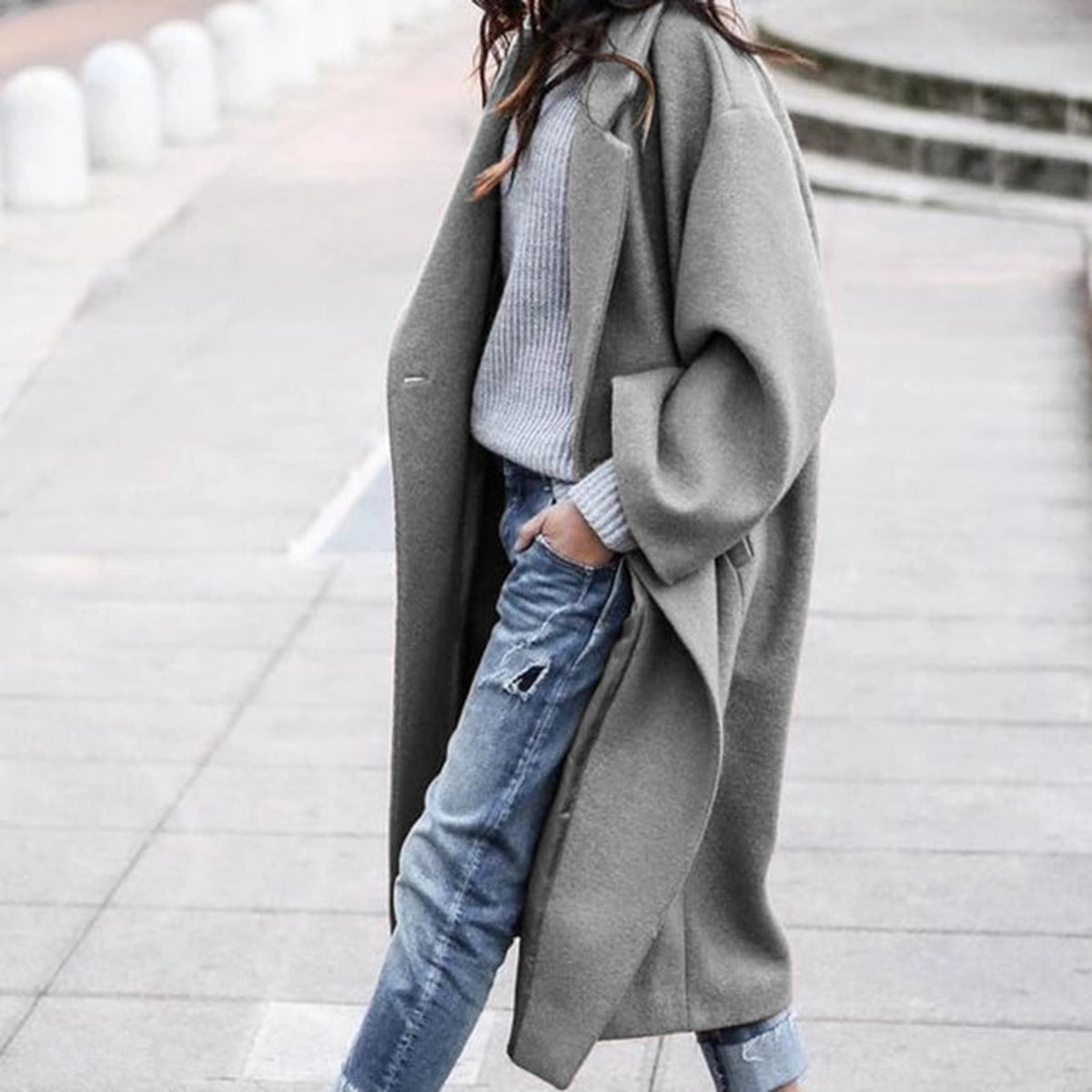 Long Coat with Single-Breasted Woolen Design and Lapel - Image 5