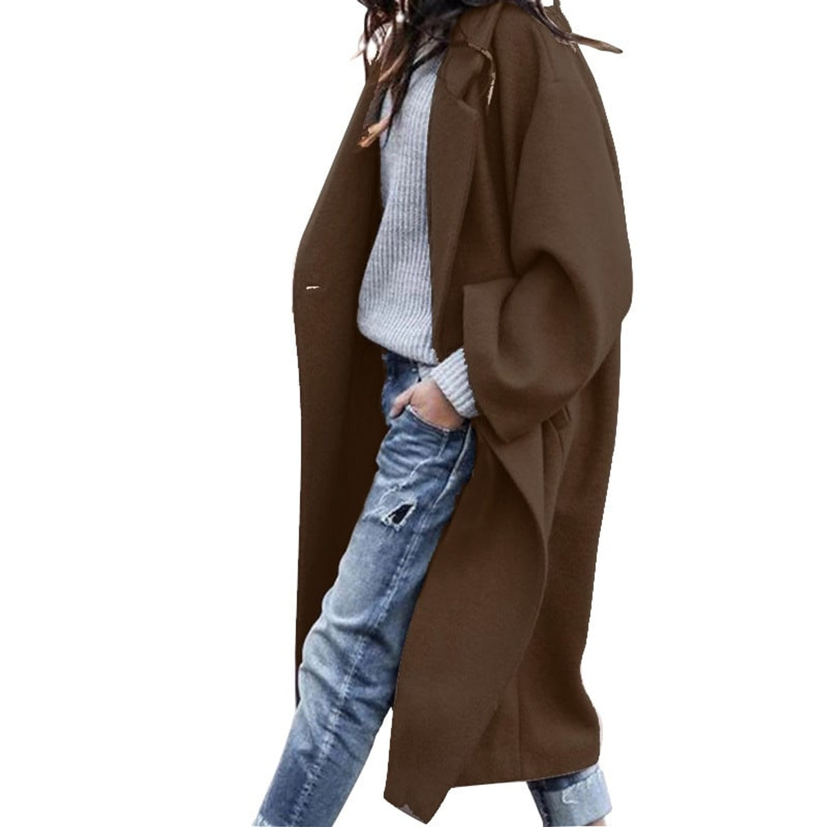 Long Coat with Single-Breasted Woolen Design and Lapel - Image 6