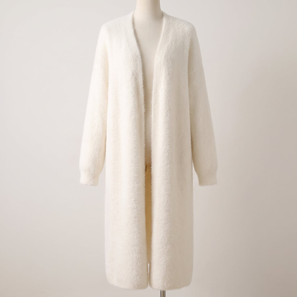 Long Knit Cardigan Floor-Length Sleeves Off-White Faux Fur Style - hero