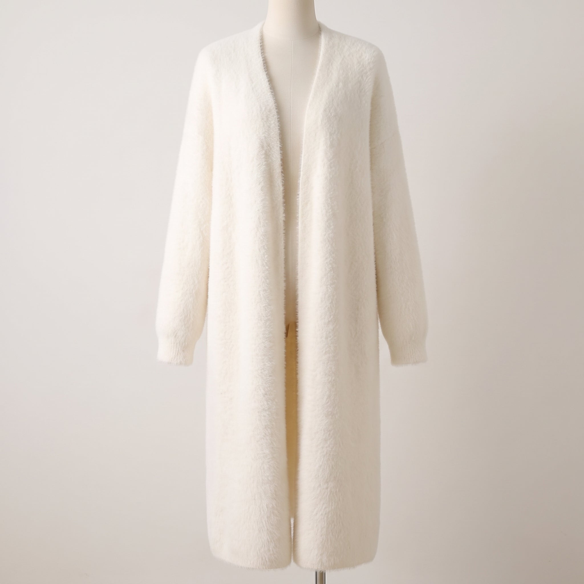 Long Knit Cardigan Floor-Length Sleeves Off-White Faux Fur Style - hero