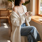 Long Knit Cardigan Floor-Length Sleeves Off-White Faux Fur Style - in-use