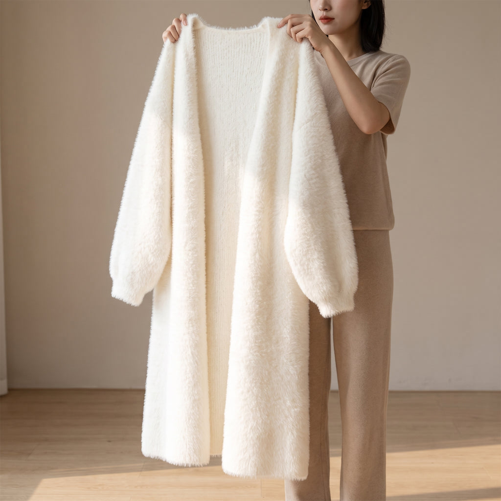Long Knit Cardigan Floor-Length Sleeves Off-White Faux Fur Style - scale