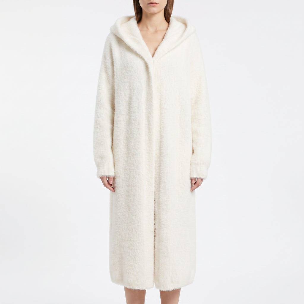 Long Knit Cardigan Floor-Length Sleeves Off-White Faux Fur Style - studio