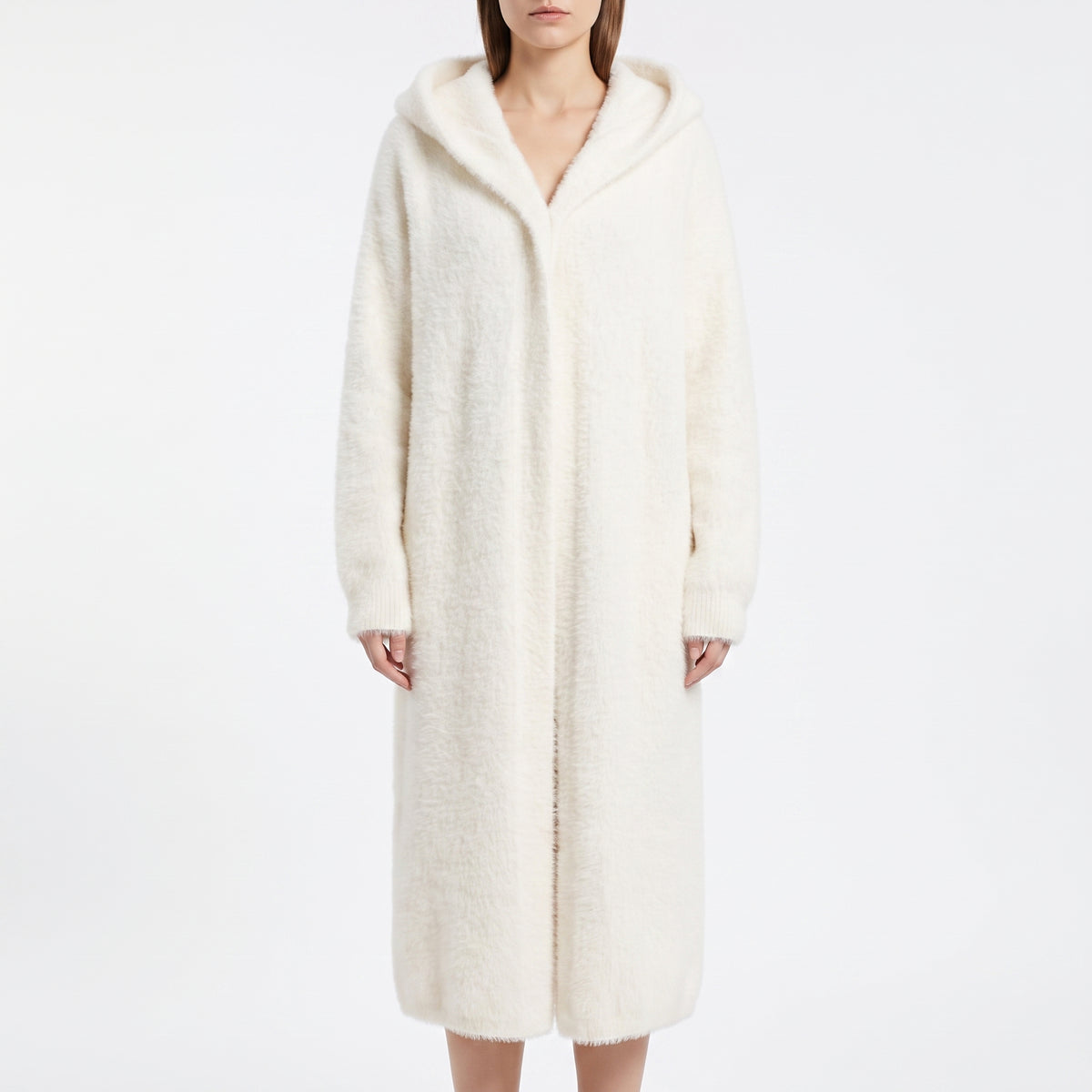 Long Knit Cardigan Floor-Length Sleeves Off-White Faux Fur Style - studio