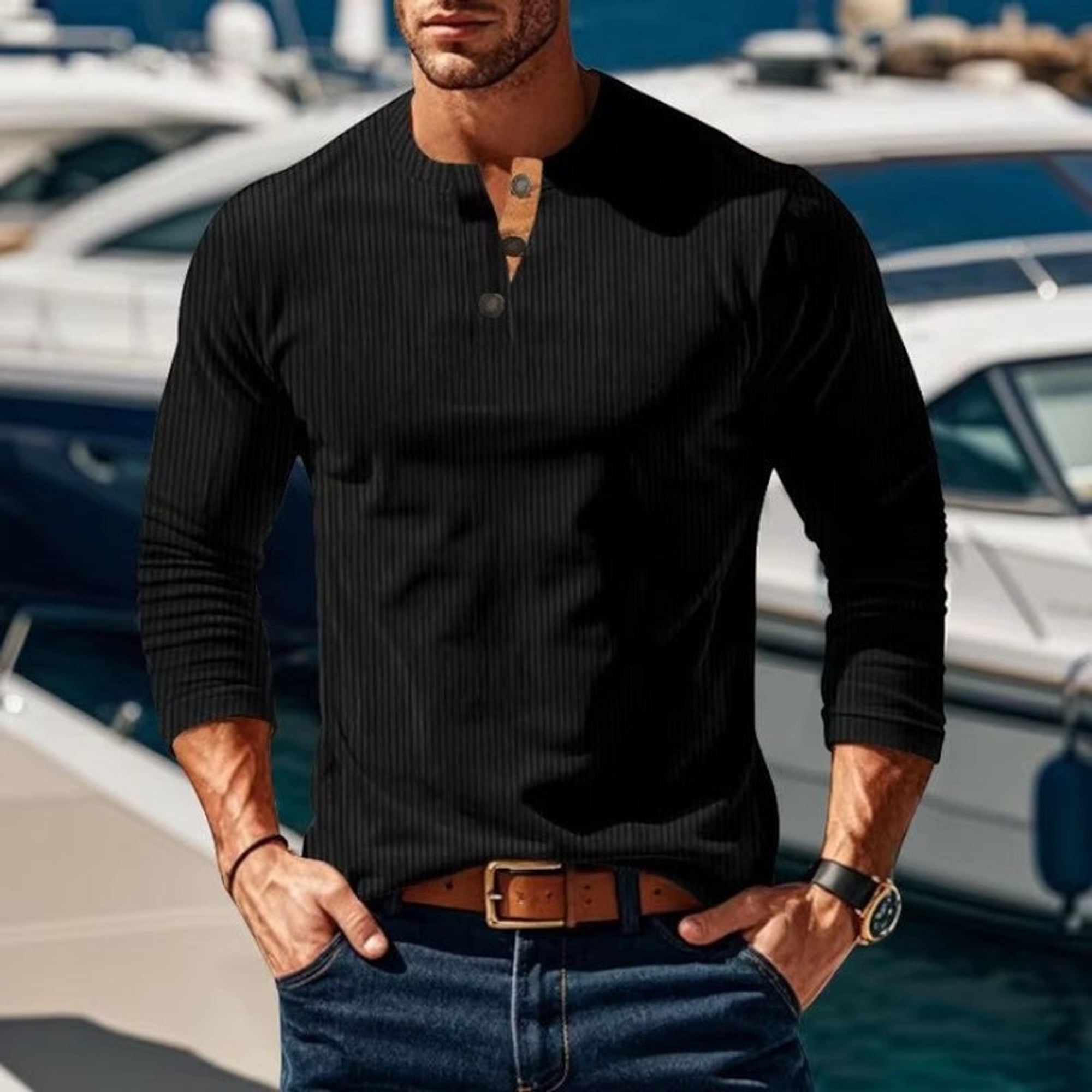 Long Sleeve Henley Shirt with Relaxed Fit and Button-Front - Image 6