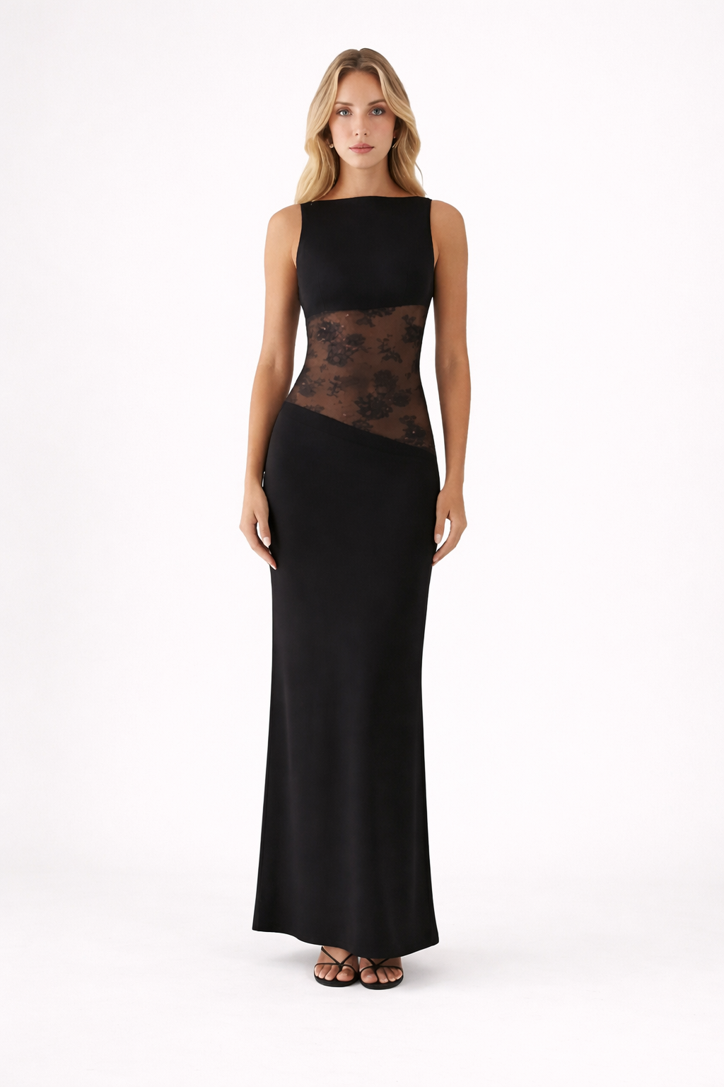 NOVA | Women’s Elegant Maxi Dress with Lace Panel – Sleeveless Fitted Evening & Wedding Guest Dress UK