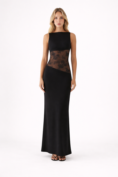 NOVA | Women’s Elegant Maxi Dress with Lace Panel – Sleeveless Fitted Evening & Wedding Guest Dress UK