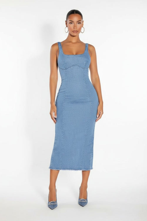 NOVA | Women’s Denim Midi Dress – Sleeveless Bodycon Fitted Denim Dress