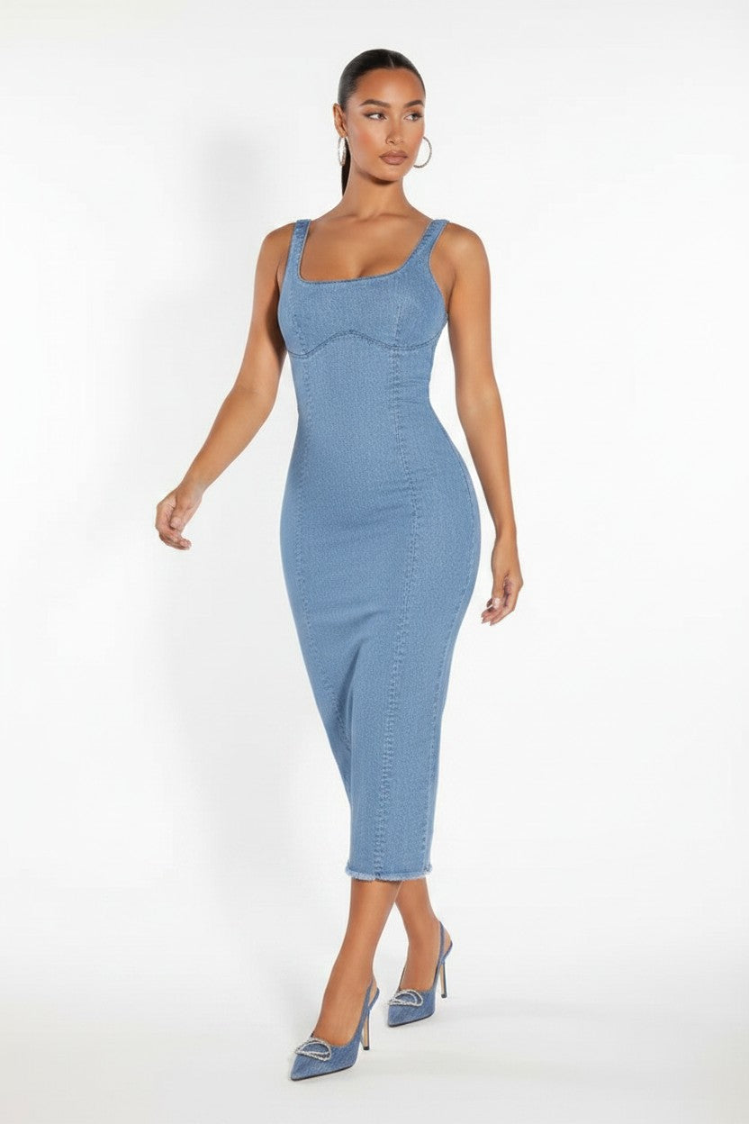 NOVA | Robe midi en denim pour femmes – Robe moulante ajustée sans manches en denim