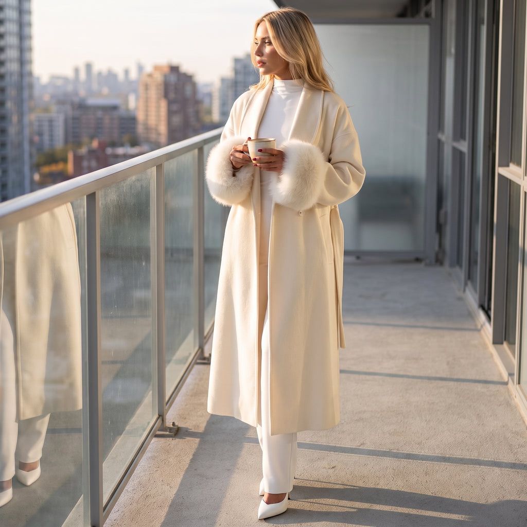 Longline Coat with Flattering Relaxed Fit and Cuffs - in-use