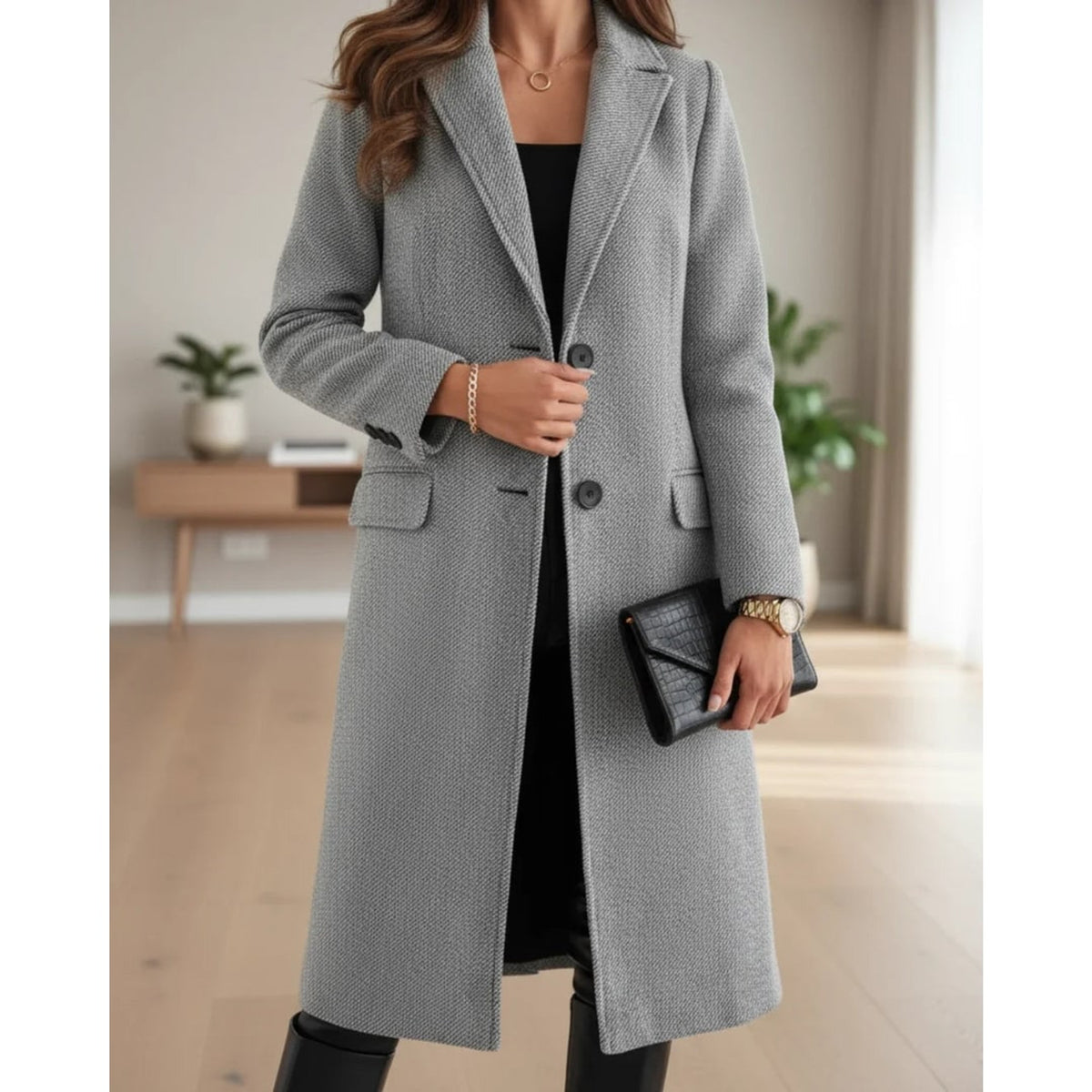 Longline Wool Coat with Single-Breasted Trench Silhouette and Notched Lapels - Image 1
