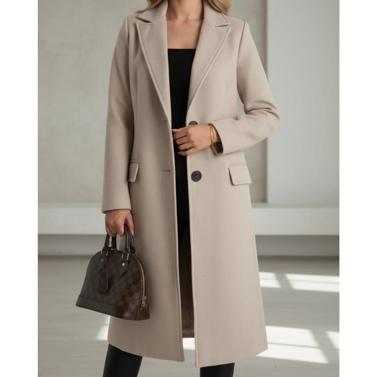 Longline Wool Coat with Single-Breasted Trench Silhouette and Notched Lapels - Image 2