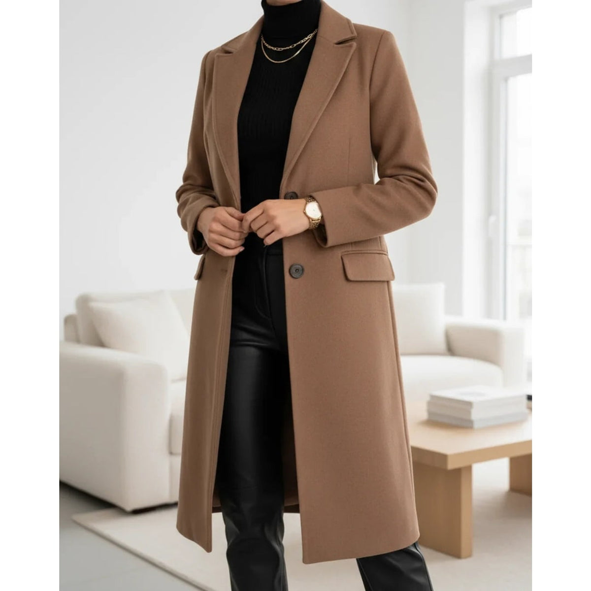 Longline Wool Coat with Single-Breasted Trench Silhouette and Notched Lapels - Image 3